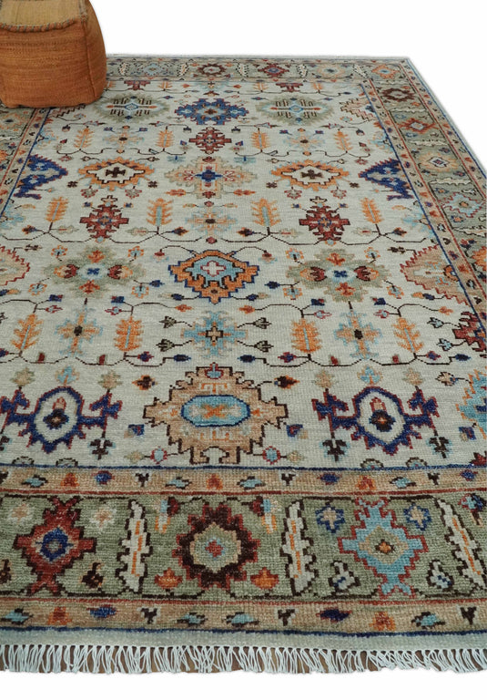 Custom Made Turkish Ivory and Green Colorful Traditional Hand Knotted Oushak Wool Area Rug