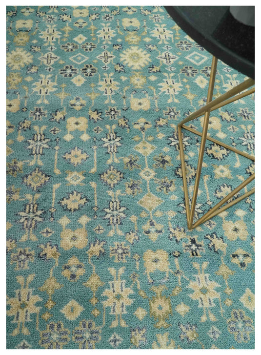 Custom Made Hand Knotted Herati Pattern Rug Teal, Beige and Blue Wool Area Rug