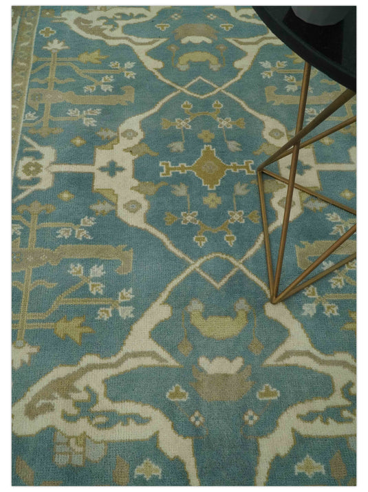 Custom Made Hand Knotted Ivory, Teal,Beige and Camel Oriental Oushak Rug Wool Area Rug