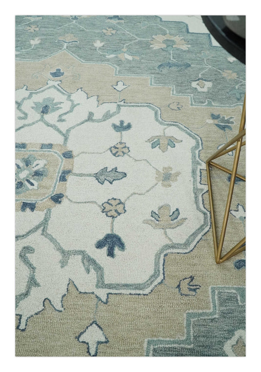 Custom Made Floral Medallion Ivory, Gray, Camel And Blue Hand Tufted Wool Area Rug