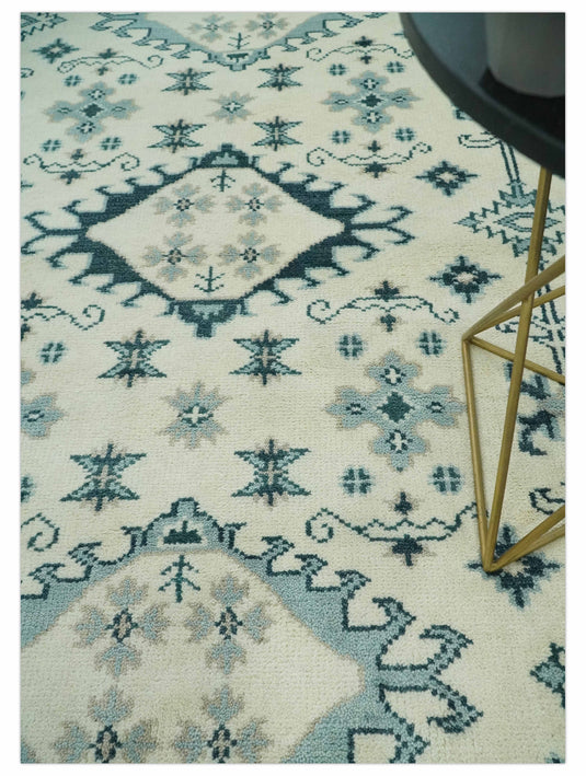 Custom Made Traditional Pattern Ivory, Blue and Dark Teal Hand Knotted wool Area Rug