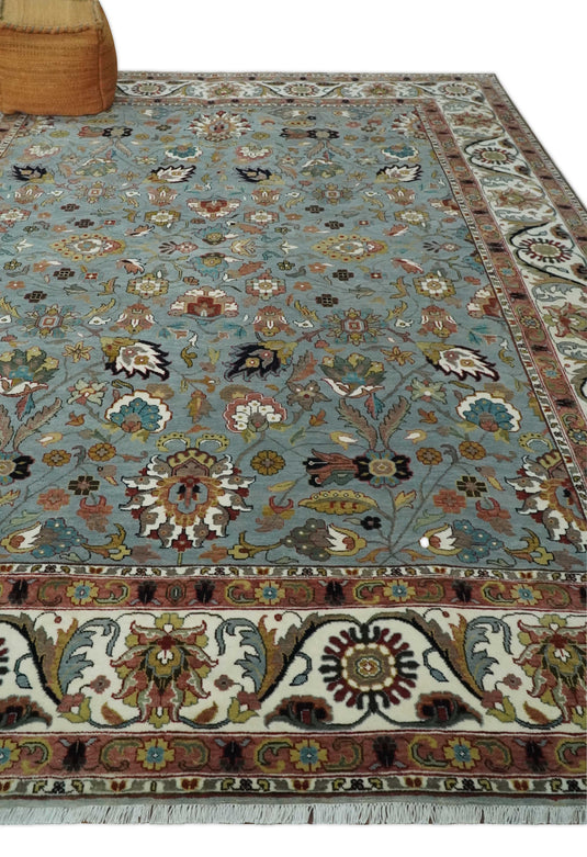 Traditional Turkish Light Blue, Ivory and Peach Floral 9x12 Hand knotted wool Area Rug