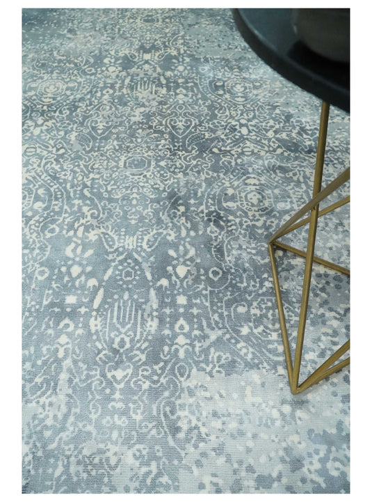 Abstract Floral Silver, Gray And Ivory Handloom 5x8 ft Bedroom, Living Room Rug Wool And Viscose Area Rug