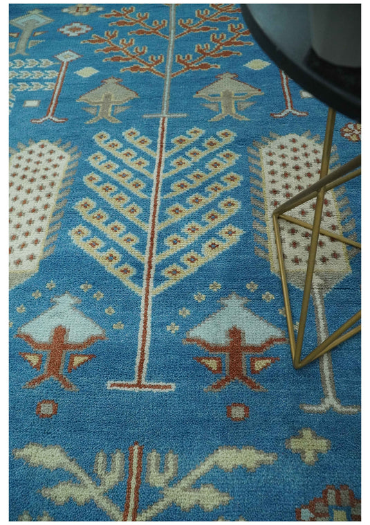 Tree Of Life Traditional Blue, Ivory, Gray and Rust Hand Knotted 8x10 ft wool Area Rug