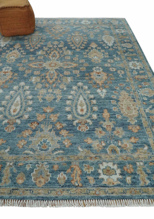 Custom Made Traditional Antique Blue And Beige Hand Knotted Oushak Wool Area Rug