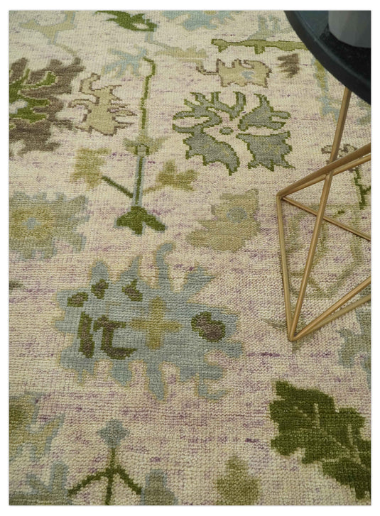 Custom Made Green, Cream, Brown And Beige Floral Oushak Hand Knotted Wool Area Rug