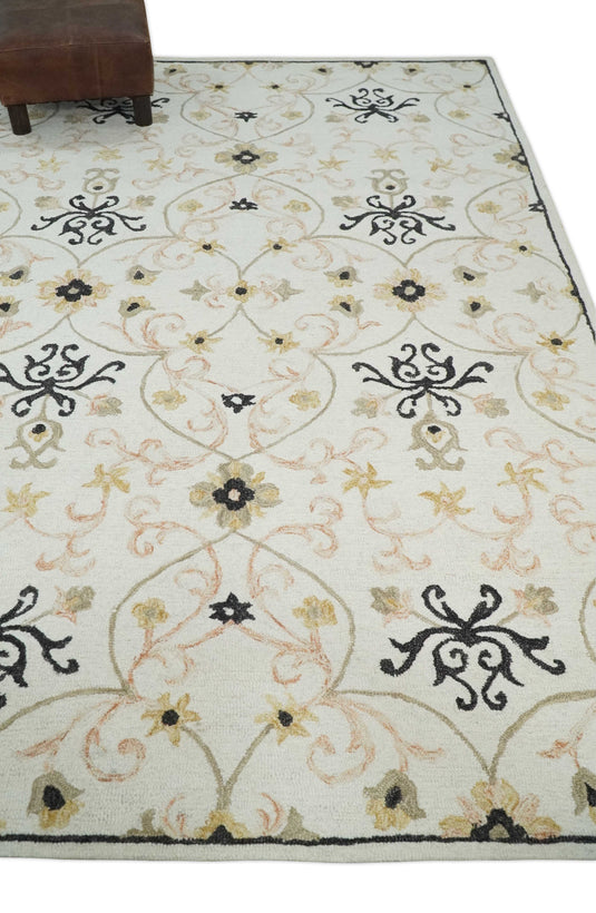 Custom Made Hand Tufted Ivory, Black And Peach Wool Area Rug