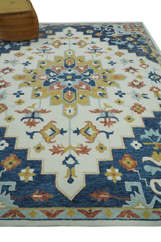 Custom Made Ivory, Blue, Rust And Olive Medallion Floral Hand Tufted Wool Area Rug