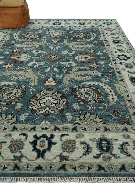 Hand Knotted Traditional Antique Oushak Rug Blue and Ivory Multi Size Ideal for Living, Bedroom, and Dining Rooms | CP1600