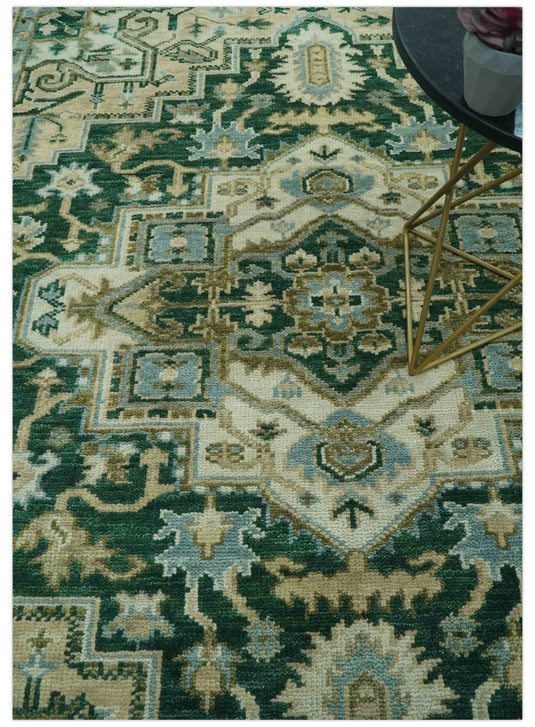 Custom Made Green, Beige And Ivory Traditional Heriz Hand Knotted Wool Area Rug