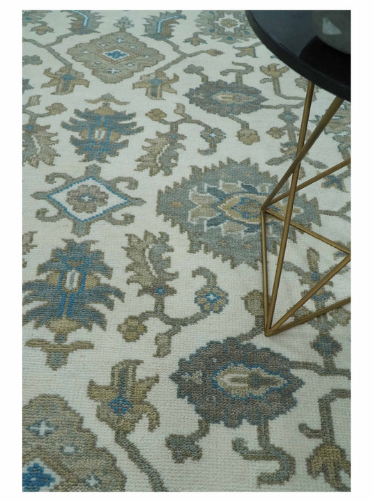 Hand Knotted Oriental Oushak Rug Ivory, Grey and Teal Multi Size Ideal for Living, Bedroom, and Dining Rooms | CP1702