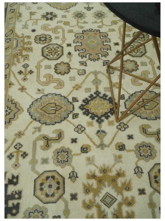Custom Made Hand Knotted Oushak Ivory, Beige, Gray And Charcoal Wool Area Rug