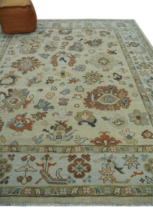 Custom Made Antique Oushak Hand Knotted Beige And Silver Wool Area Rug