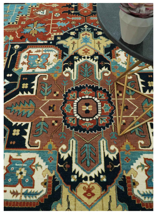 Blue, Black, Rust And Beige Traditional Serapi Hand Knotted Wool Rug 9x12 ft Ideal for Living, Bedroom And Dining Rooms | CP2455912