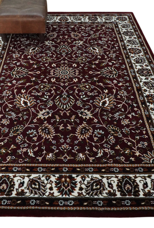 Traditional Floral Maroon, Ivory, Green And Gold Hand Woven 5x7 ft Bedroom, Living Room Rug Polyester Area Rug