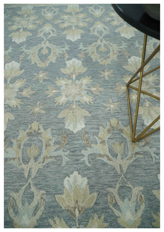 Custom Made Oriental Floral Gray, Silver, Ivory And Beige Hand Tufted wool Area Rug