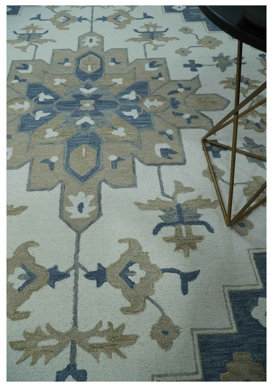 Custom Made Blue, Beige And Ivory Traditional Medallion Hand Tufted Wool Area Rug