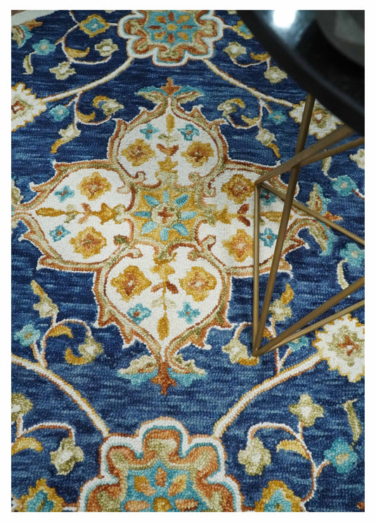 Custom Made Traditional Floral Blue, Gold, Rust, Ivory And Beige Hand Tufted  Wool Area Rug