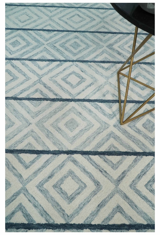 Custom Made Modern Geometrical Pattern Ivory, Gray And Blue Hand Tufted  Wool Area Rug