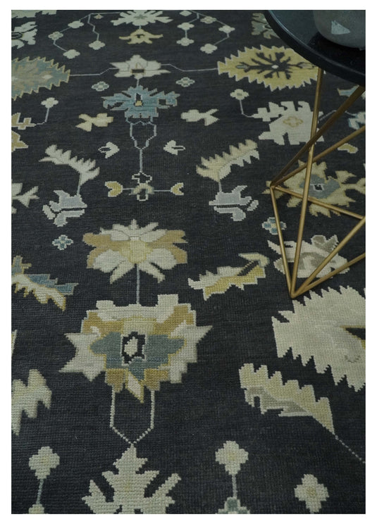 Custom Made Hand Knotted Oriental Oushak Black, Beige, Ivory And Gray Wool Area Rug