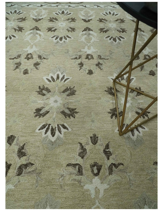 Custom Made Ivory, Beige And Charcoal Traditional Ikat Hand Tufted Wool Area Rug