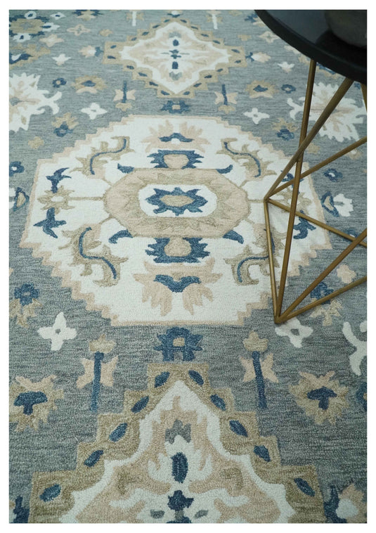 Custom Made Gray, Blue, Beige And Ivory Traditional Medallion Hand Tufted Wool Area Rug