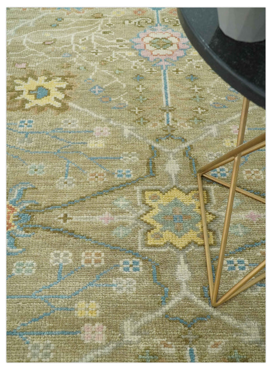 Custom Made Hand Knotted Olive, Blue And Yellow Traditional Floral Wool Area Rug