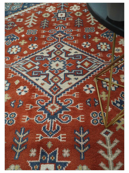 Traditional Pattern Red, Blue, Beige And Ivory Hand Knotted 8x10 ft wool Area Rug