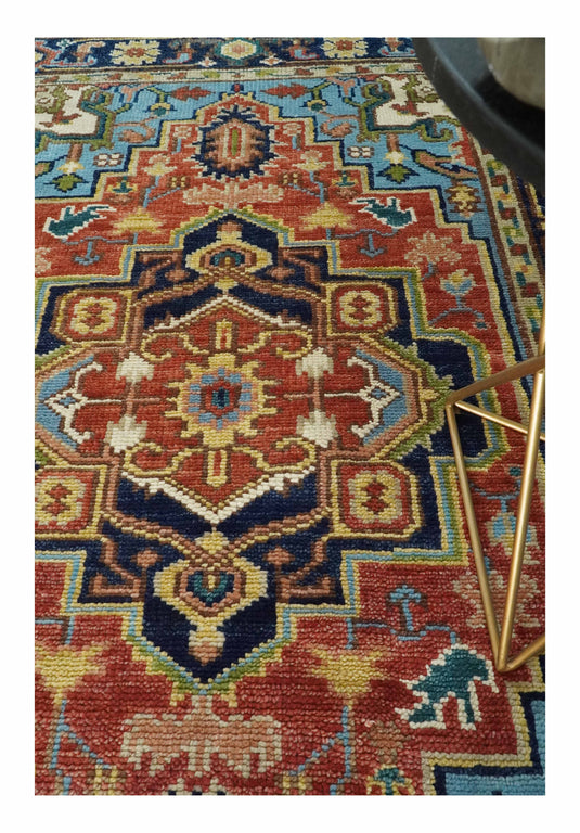 Custom Made Red, Blue, Green And Yellow Heriz Serapi Hand Knotted Wool Area Rug