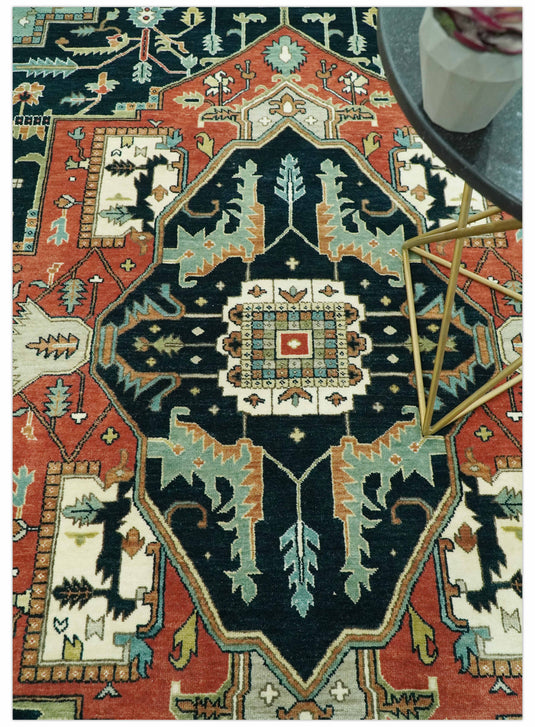 Hand Knotted Traditional Heriz Brown, Black, Blue And Ivory Serapi Wool Rug 9X12 ft Ideal for Living, Bedroom And Dining Rooms | CP2441912