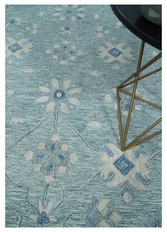 Custom Made Floral Pattern Blue, Ivory And Aqua Hand Tufted Wool Area Rug