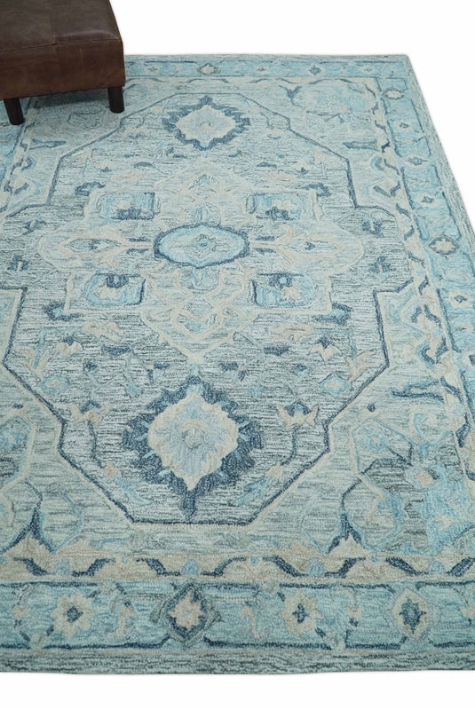 Custom Made Gray, Blue, Aqua And Beige Traditional Medallion Pattern Hand Tufted Wool Area Rug