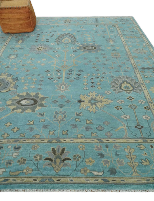 Traditional Floral Hand Knotted Blue, Gray And Beige 8x10 ft Bedroom, Living Room Rug Wool Area Rug