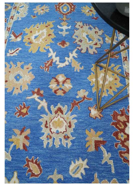 Custom Made Traditional Floral Blue, Camel And Maroon Hand Tufted  Wool Area Rug