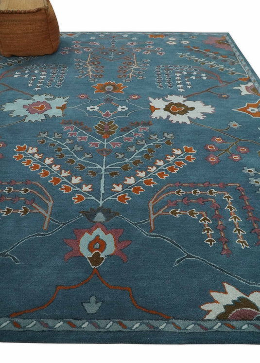 Custom Made Tree Of Life Teal Blue, Brown And Red Hand Tufted Wool Area Rug