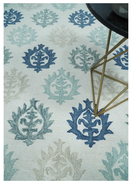 Custom Made Ivory, Blue, Teal And Beige Traditional Ikat Pattern Hand Tufted Wool Area Rug