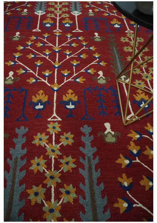 Custom Made Tree Of Life Maroon, Blue, Gray and Gold Hand Tufted Wool Area Rug