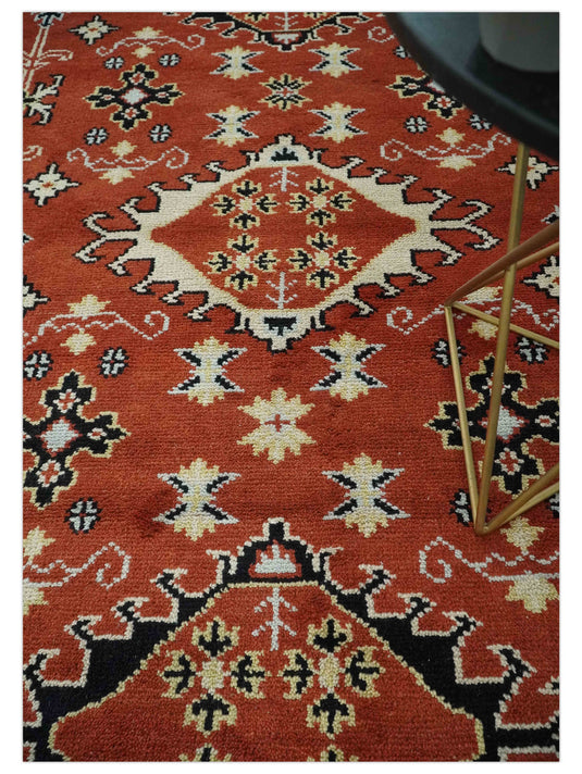 Traditional Pattern Red, Black, Light Beige And Ivory Hand Knotted 8x10 ft wool Area Rug