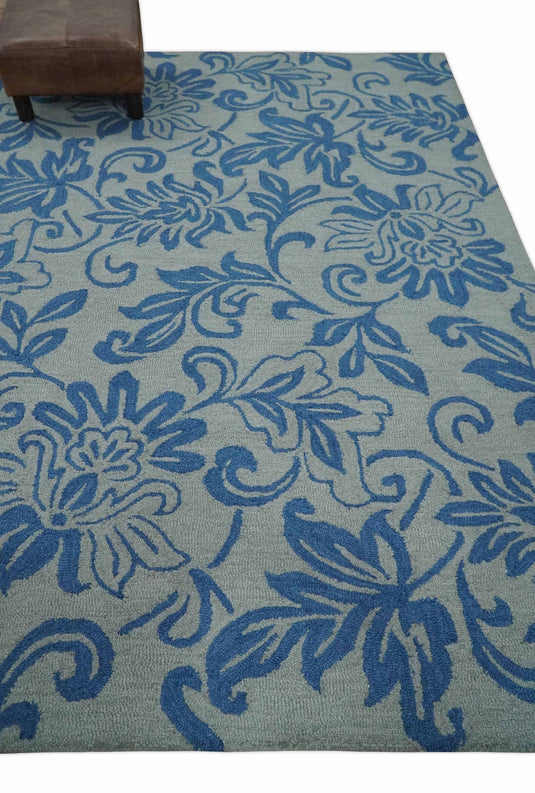 Custom Made Traditional Floral Pattern Gray And Blue Hand Tufted  Wool Area Rug