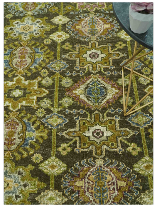 Custom Made Traditional Vintage Style Earthy Green and Silver Hand Knotted Wool Rug Wool Area Rug