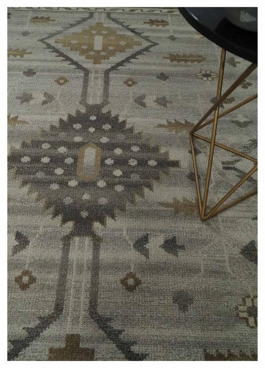 Tribal Pattern Silver, Beige, Charcoal and Ivory Traditional Hand Knotted 8x10 ft wool Area Rug