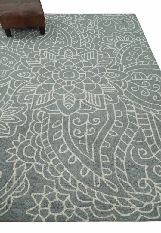 Custom Made Traditional Floral Gray And Ivory Hand Tufted  Wool Area Rug