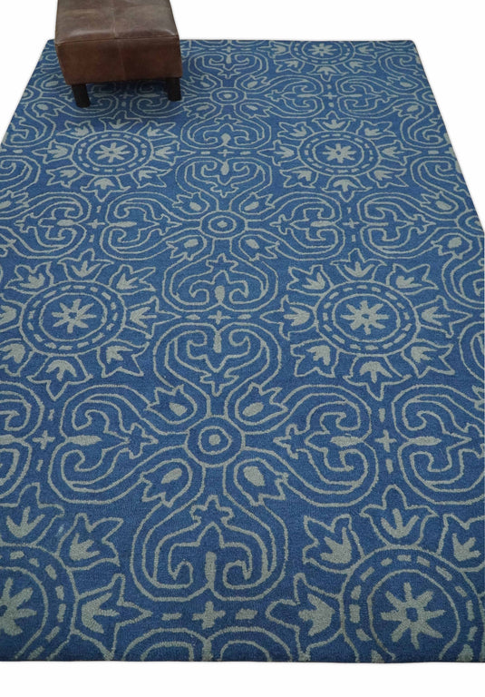 Custom Made Traditional Pattern Blue And Gray Hand Tufted  Wool Area Rug