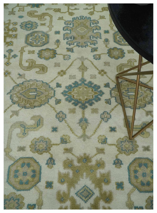 Custom Made Hand Knotted Beige, Camel and Teal Kirman Oushak Rug Wool Area Rug