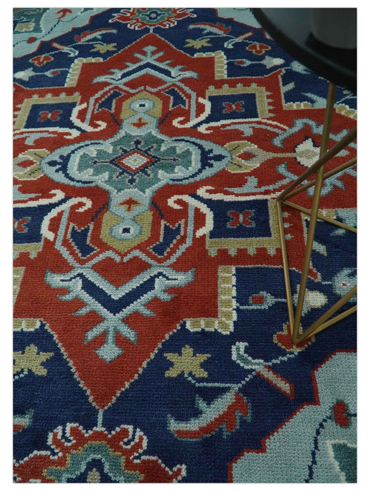 Custom Made Traditional Medallion Pattern Red, Blue, Teal and Olive Hand Knotted wool Area Rug