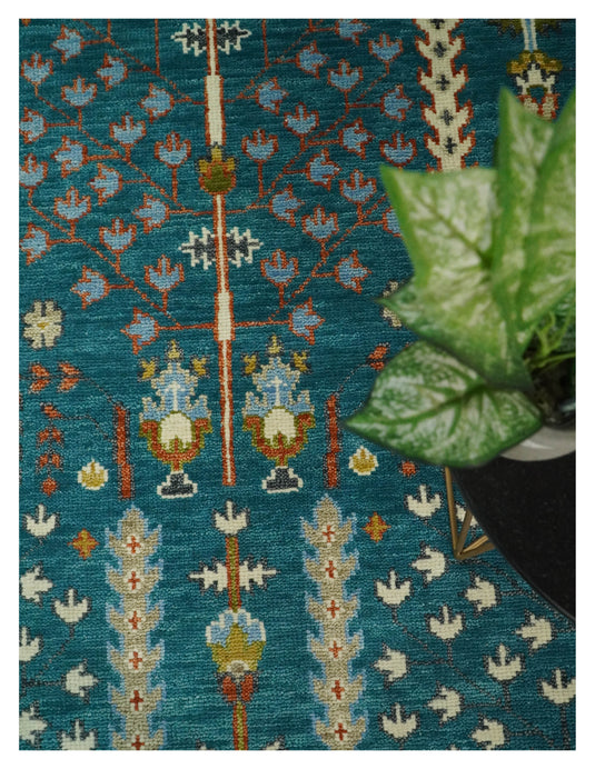 Teal and Ivory, Tree of Life Vintage Hand Knotted, Antique Turkish 5x8, 6x9, 8x10, 9x12, 10x14, 12x15 Wool Rug, Living Room | CP697S