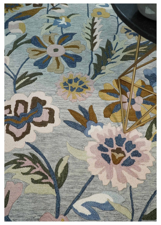 Custom Made Colorful Floral Pattern Gray, Peach, Ivory, Gold And Brown Hand Tufted  Wool Area Rug