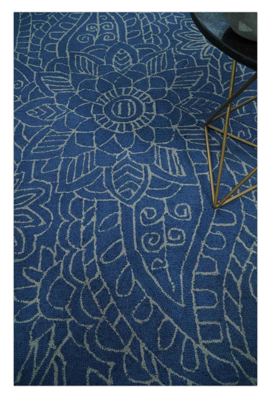 Custom Made Floral Pattern Blue And Gray Hand Tufted  Wool Area Rug