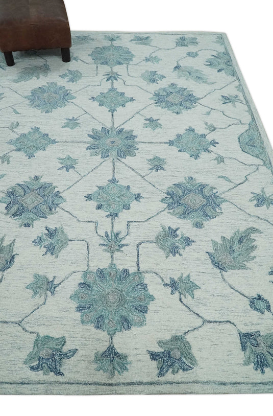 Custom Made Teal, Ivory And Gray Traditional Floral Hand Tufted Wool Area Rug