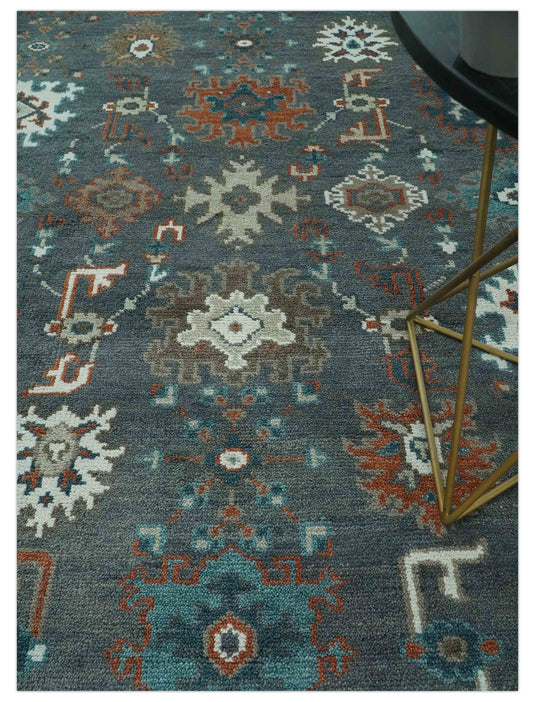 Custom Made Oriental Oushak Pattern Charcoal, Teal, Brown and Ivory Hand Knotted Wool Area Rug